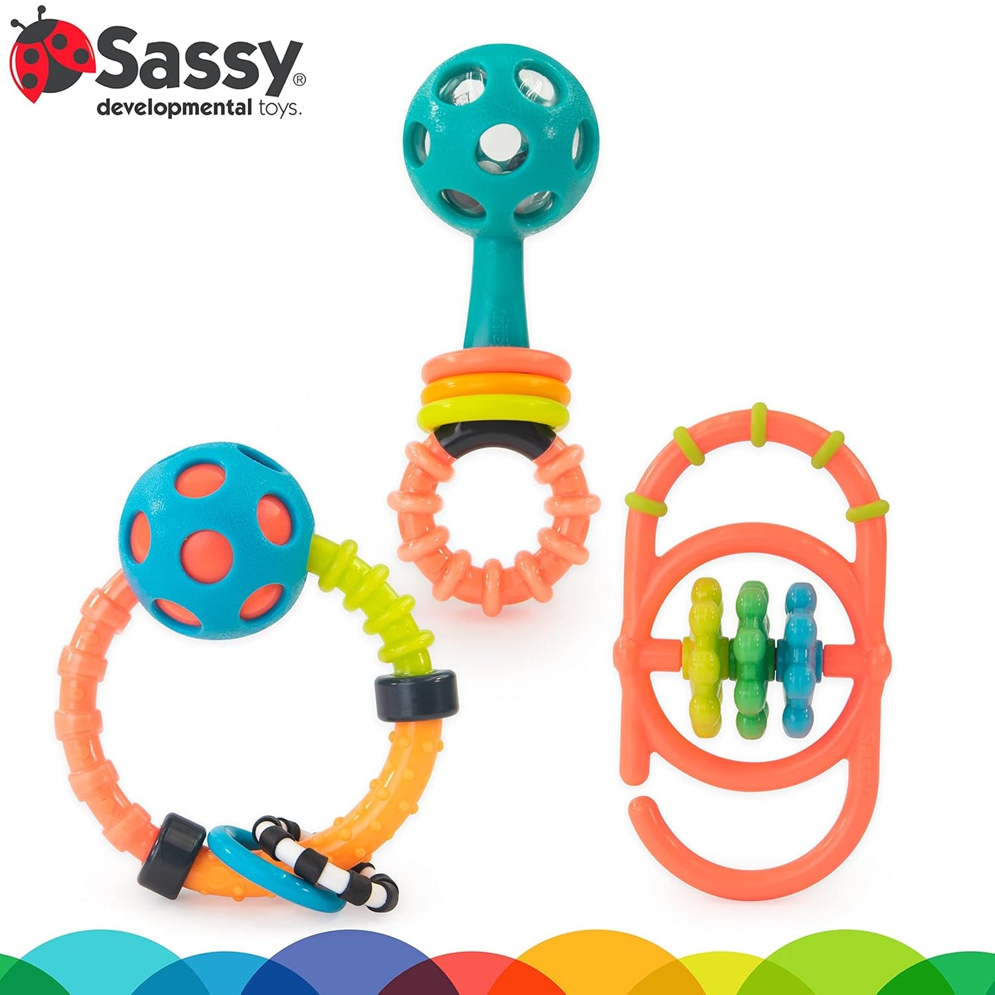 Sassy My First Rattles - Juego de regalo para recién nacido con 3 sonajeros suaves y flexibles - 0m+