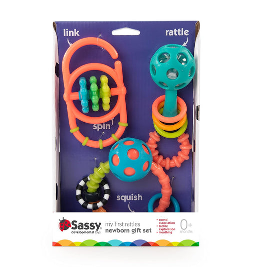 Sassy My First Rattles - Juego de regalo para recién nacido con 3 sonajeros suaves y flexibles - 0m+