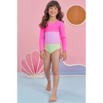 Vestido de Baño 1 Pieza Manga Larga UV 50+ - Rosado Colorblock