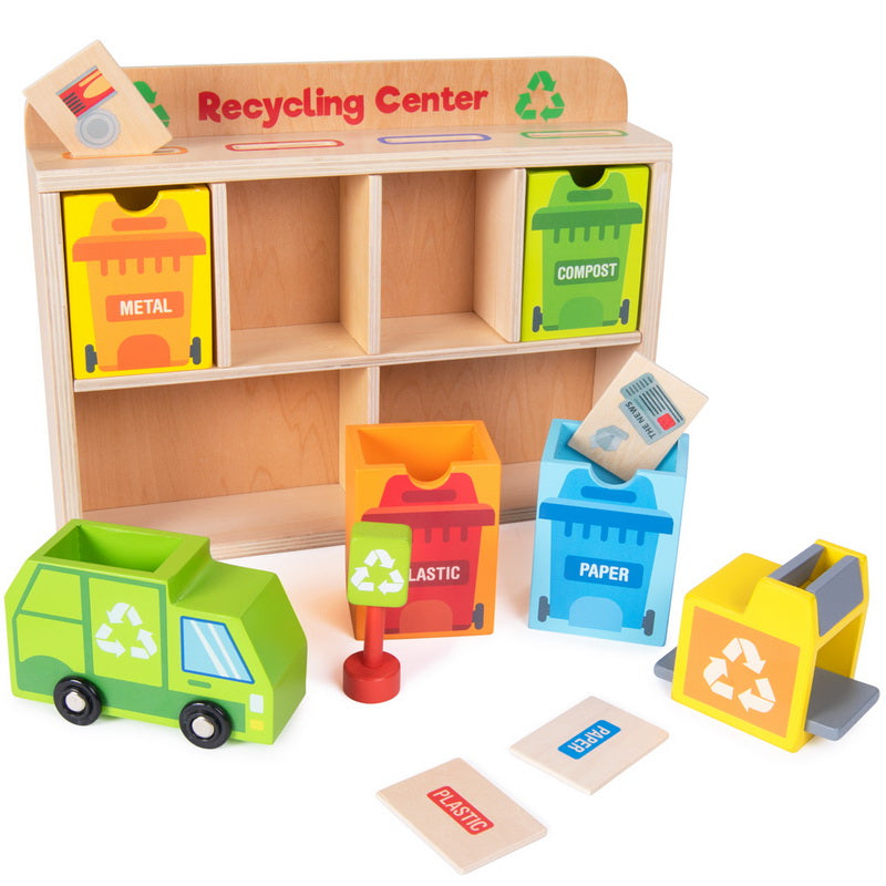 Reduce y Reclicla Set de Carros de Madera - Reduce and Reuse Recycling Center Playset
