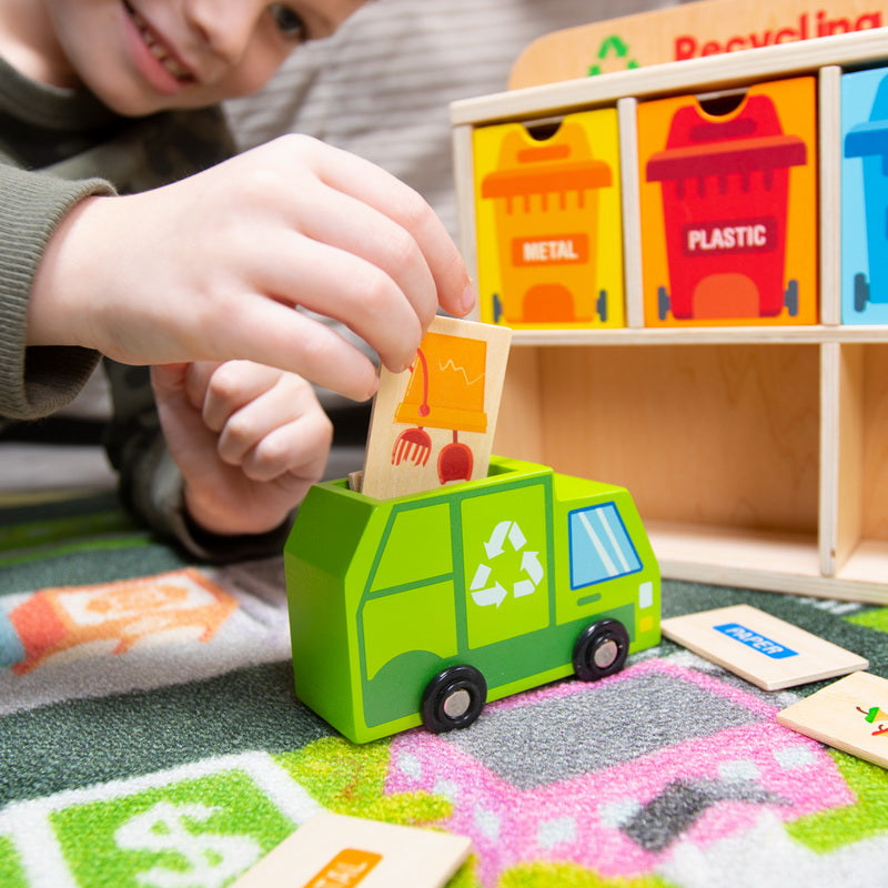 Reduce y Reclicla Set de Carros de Madera - Reduce and Reuse Recycling Center Playset