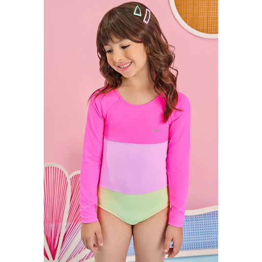 Vestido de Baño 1 Pieza Manga Larga UV 50+ - Rosado Colorblock