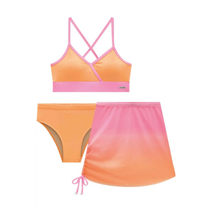 Trio de Vestido de Baño - Bikini y Falda Rosado/Naranja