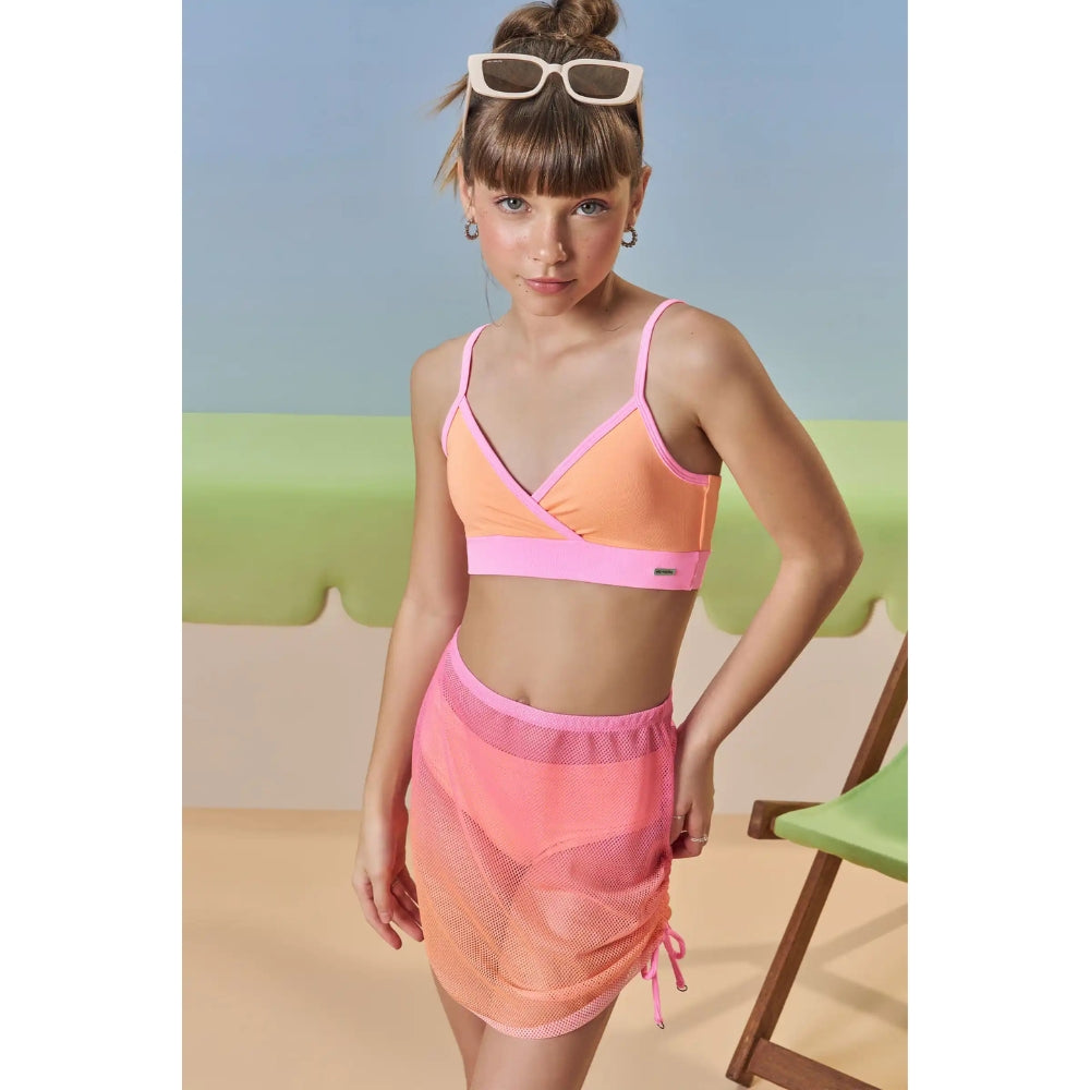 Trio de Vestido de Baño - Bikini y Falda Rosado/Naranja