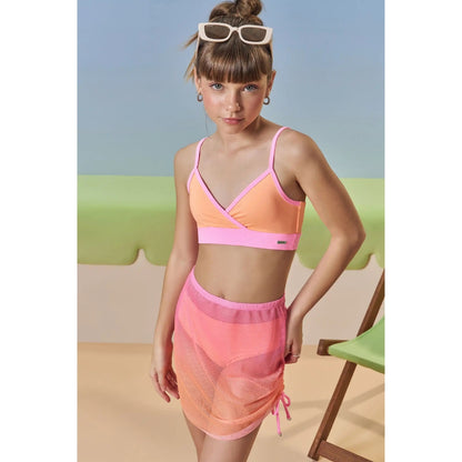 Trio de Vestido de Baño - Bikini y Falda Rosado/Naranja