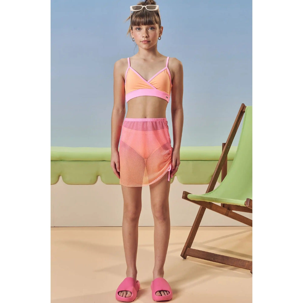 Trio de Vestido de Baño - Bikini y Falda Rosado/Naranja