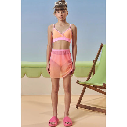 Trio de Vestido de Baño - Bikini y Falda Rosado/Naranja