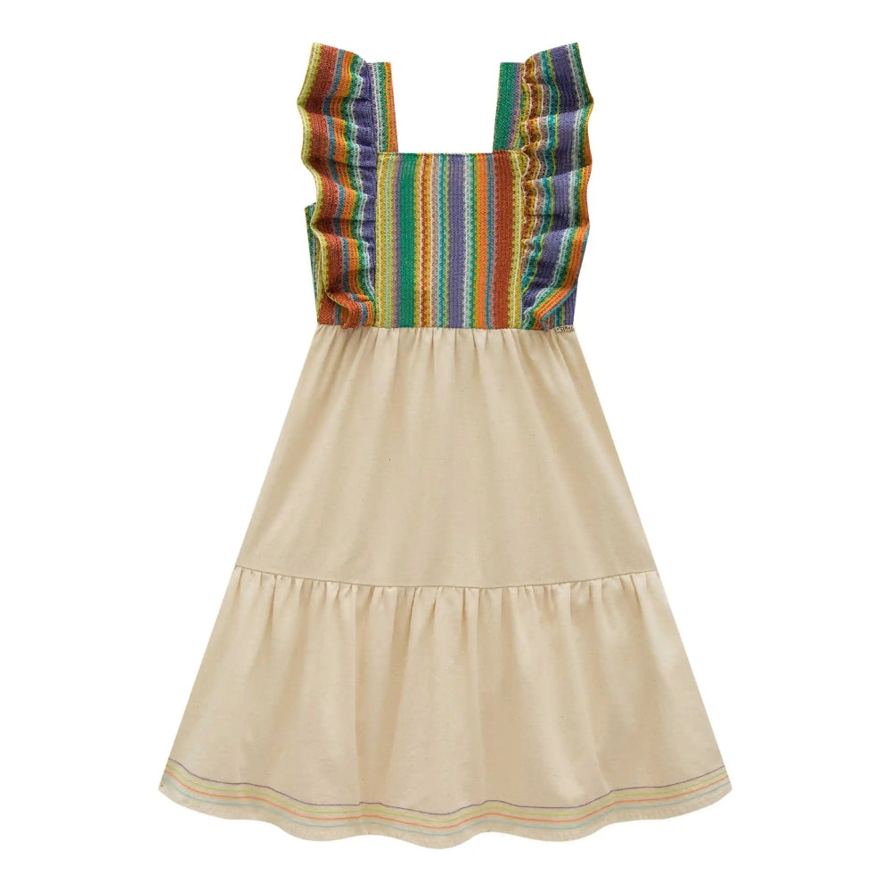 Vestido Tejido Multicolor con Falda Crema
