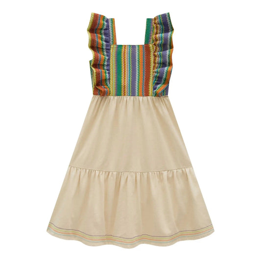 Vestido Tejido Multicolor con Falda Crema