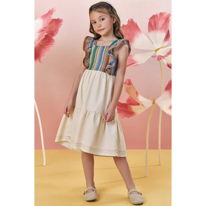 Vestido Tejido Multicolor con Falda Crema