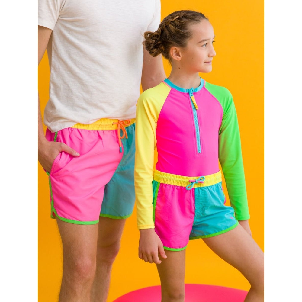 Vestido de Baño 1 Pieza Manga Larga Colorblock Neon