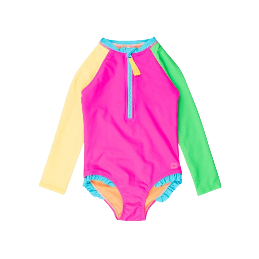 Vestido de Baño 1 Pieza Manga Larga Colorblock Neon
