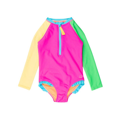 Vestido de Baño 1 Pieza Manga Larga Colorblock Neon