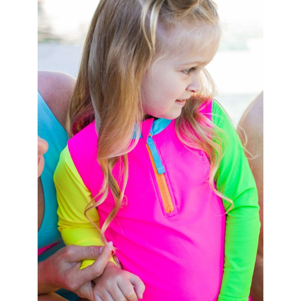 Vestido de Baño 2 Piezas Manga Larga Colorblock Neon
