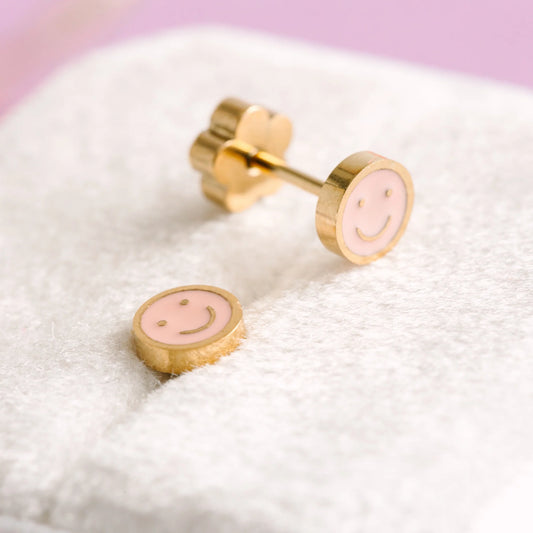 Aretes Tiny Pink Smiley (Cubiertos 18K)