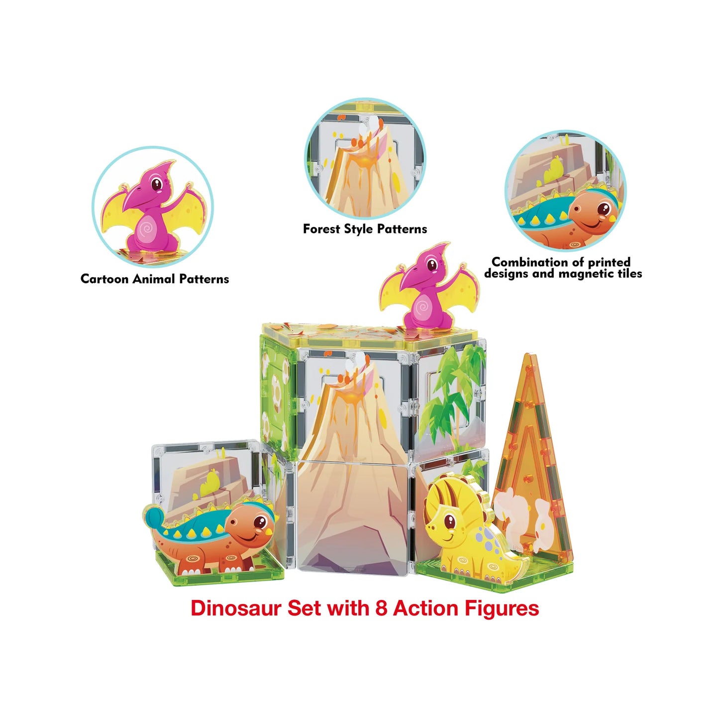 Set de 26 Piezas Bloques Magneticos - Tema Mundo de Dinosaurios