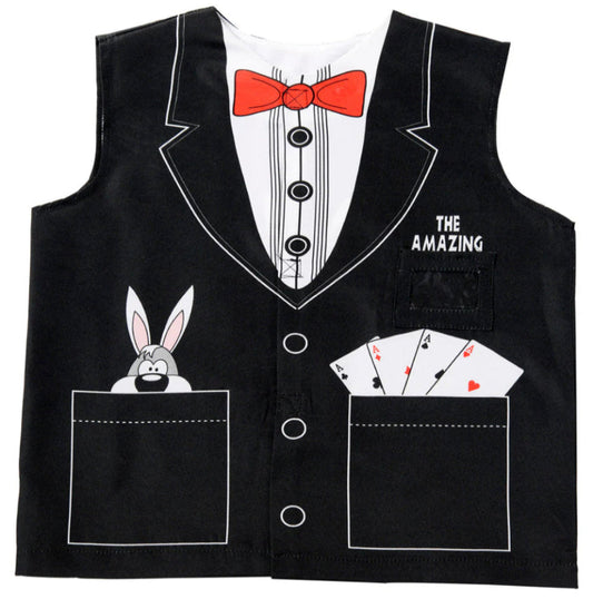 Black vest with rabbit, cards, and bow tie design on a white background